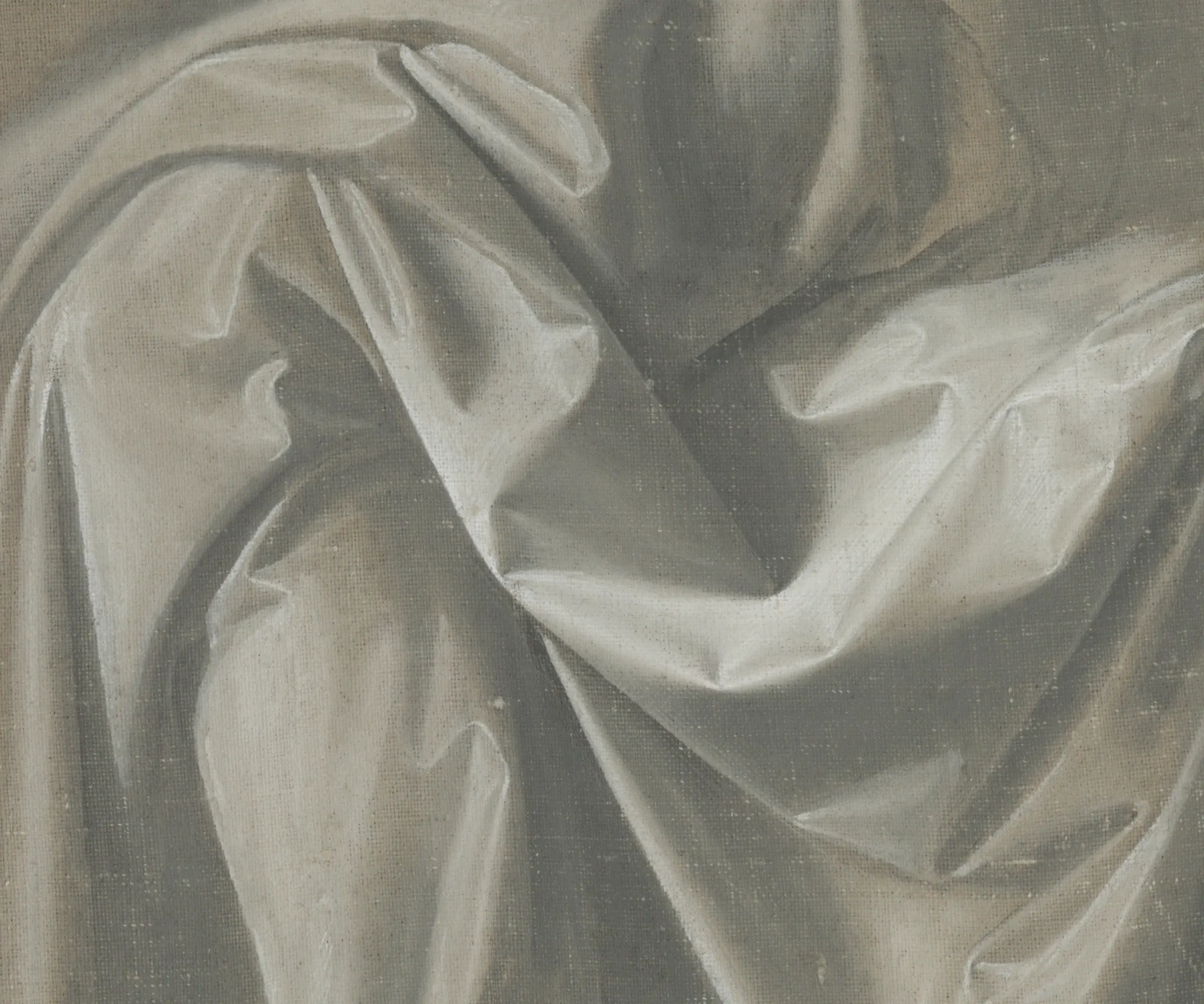 Detail of a drapery study: the cloth is modeled in grey tempera with the brush, the lights put back with white body color, and the weave of the linen it is painted on shows through the thin passages. No drawn line anywhere, only value.