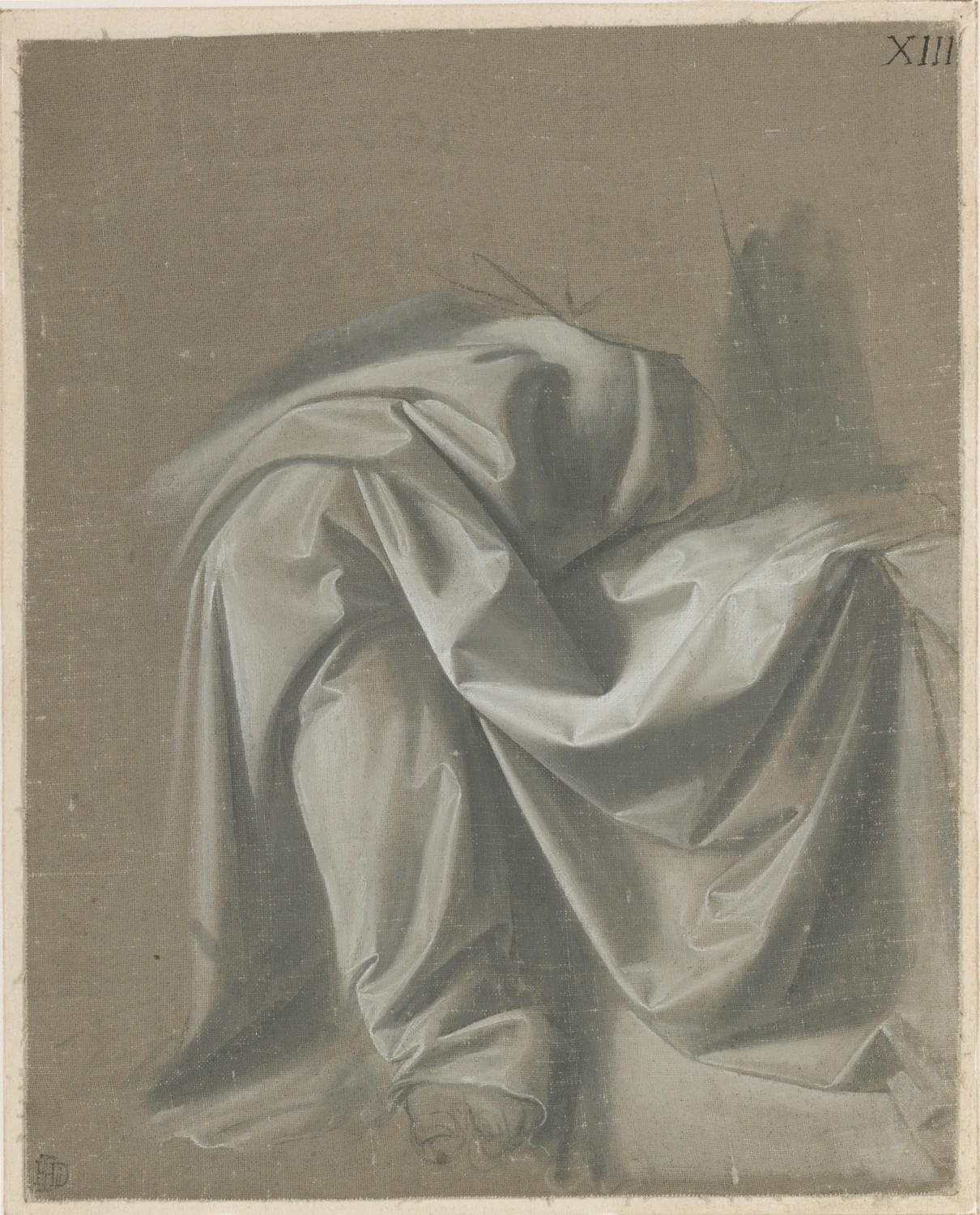 Study of Drapery from the Verrocchio years: brush and grey tempera heightened with white on linen colored grey, the workshop exercise Vasari describes. The cloth was soaked in clay over a clay model so the folds would hold, and the whole form is built in value with no drawn line in it.