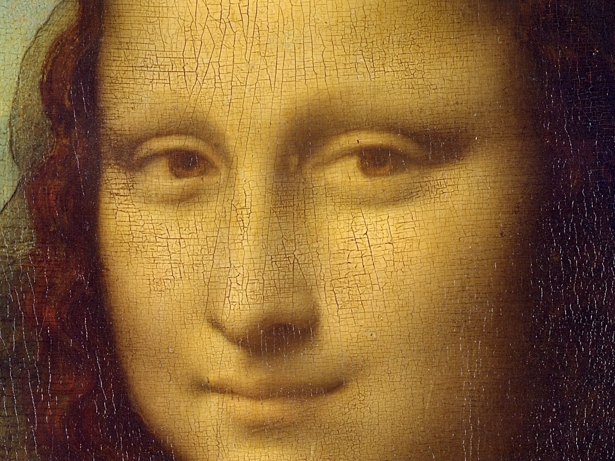 Detail of the Mona Lisa: there is no line anywhere in this face. The eyelid, the edge of the nose and the corner of the mouth are each made of one value sliding into the next, so the form turns without the shadow ever announcing where it began.