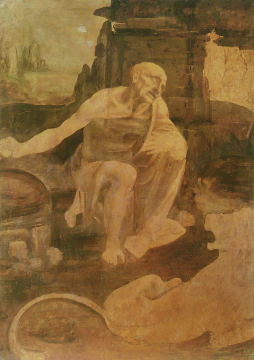 Saint Jerome in the Wilderness, also left unfinished: the head and shoulders are carried deep into the modeling while the rock and the lion are still brown lay-in. One panel showing the order the stages ran in, tone first and color last, with each one built on the one before it.
