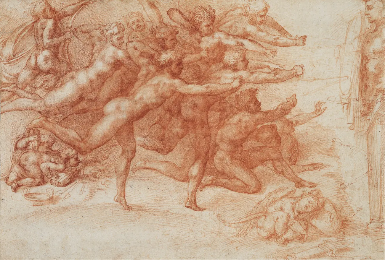 Archers Shooting at a Herm, red chalk on a sheet about twenty two by thirty two centimetres. Almost none of the archers has a bow. He drew the bodies doing the thing and left the equipment out, so what is left on the paper is one action drawn over and over from a row of different angles.