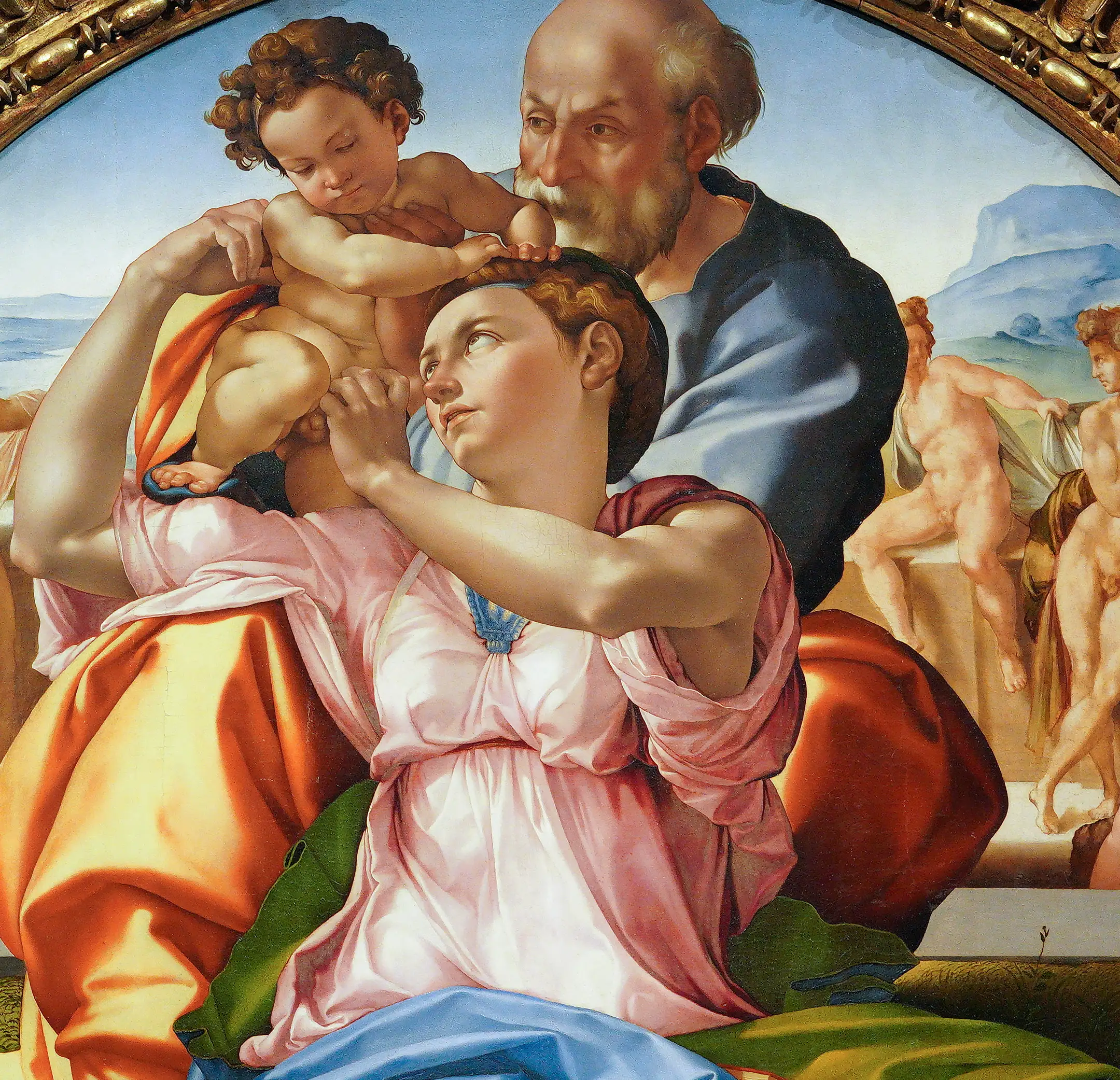 Detail of the Doni Tondo: watch one color at a time. The orange drape runs to yellow where the light hits it and to deep red in the shadow. The pink sleeve goes to white and then to rose. Nothing is darkened with black, the hue is changed instead, and the shadows stay colors.