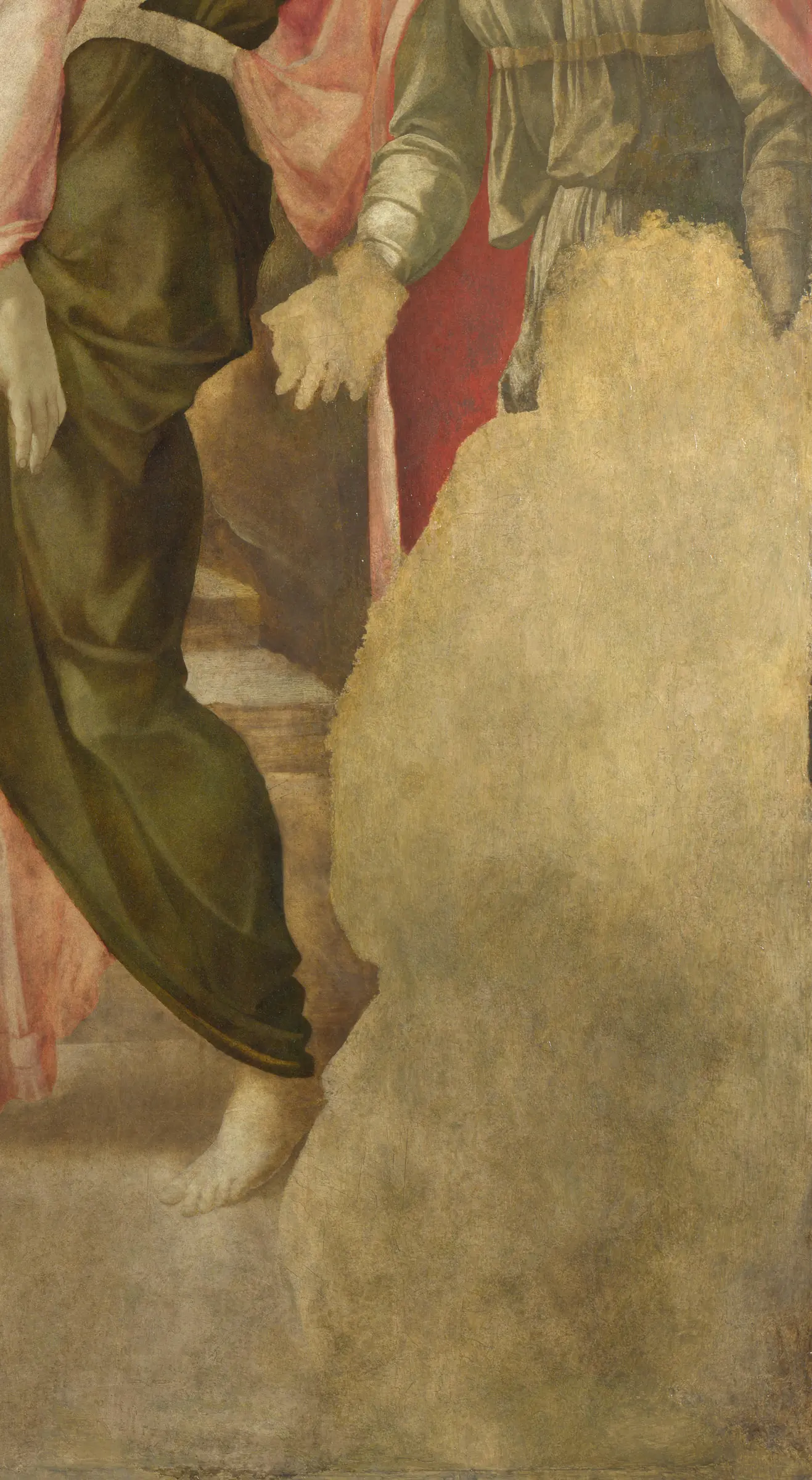 Detail of The Entombment: the whole lower right of the picture is bare panel. The National Gallery reads that empty shape as the kneeling Virgin, whose mantle would have needed ultramarine, the most expensive pigment on the market. Beside it the green drape, the hand and the bare foot are carried to a finish.