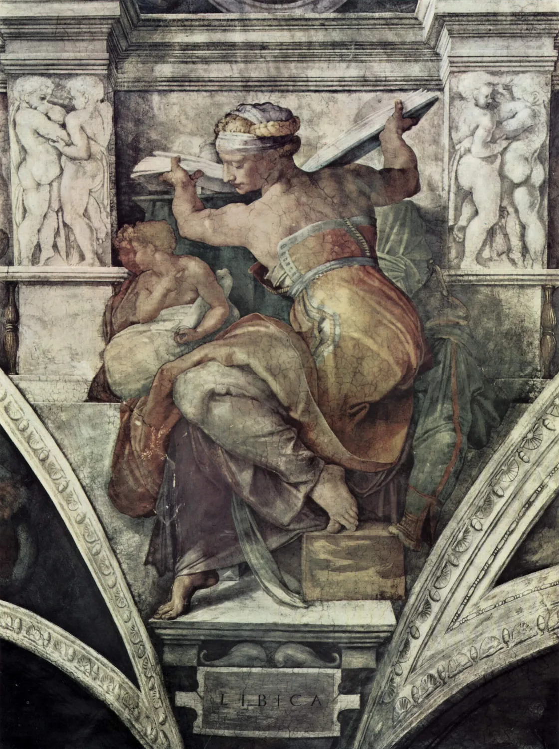 The Libyan Sibyl on the vault of the Sistine Chapel. Her head, her shoulders and her hips all face different ways, both arms are up behind her head and the weight is on one foot, and every part of that twist had to be right in the drawing first, because the plaster she is painted into set the same evening it went up.