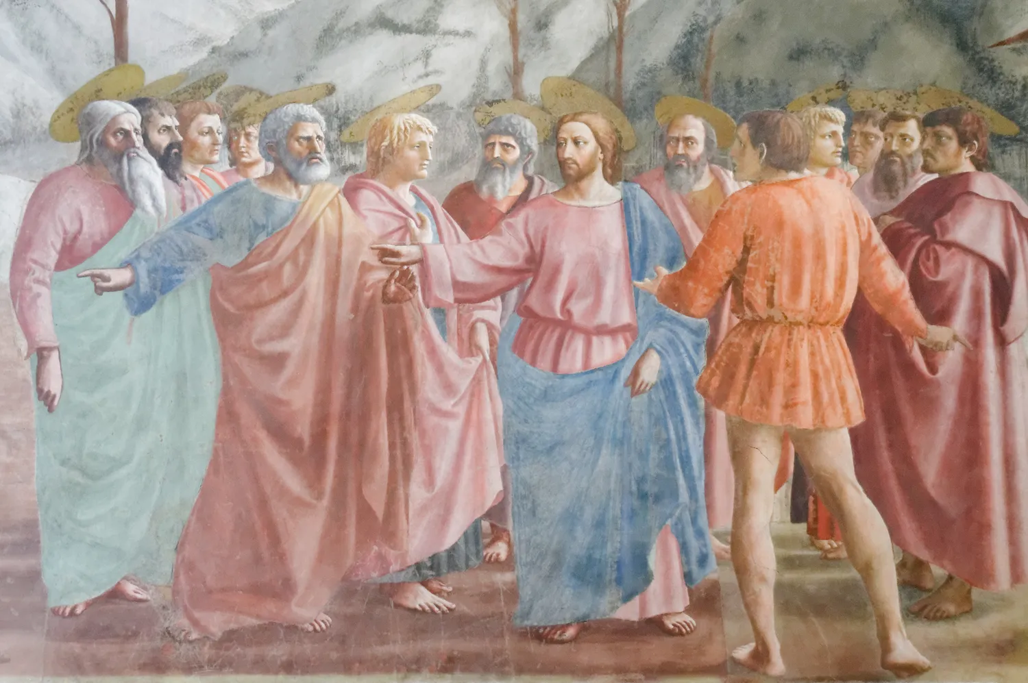 Masaccio, The Tribute Money in the Brancacci Chapel, the wall Vasari says he drew from for many months. Every figure stands on its own weight with one light coming from one side, and that is the thing he took out of the room and used for the next seventy years.