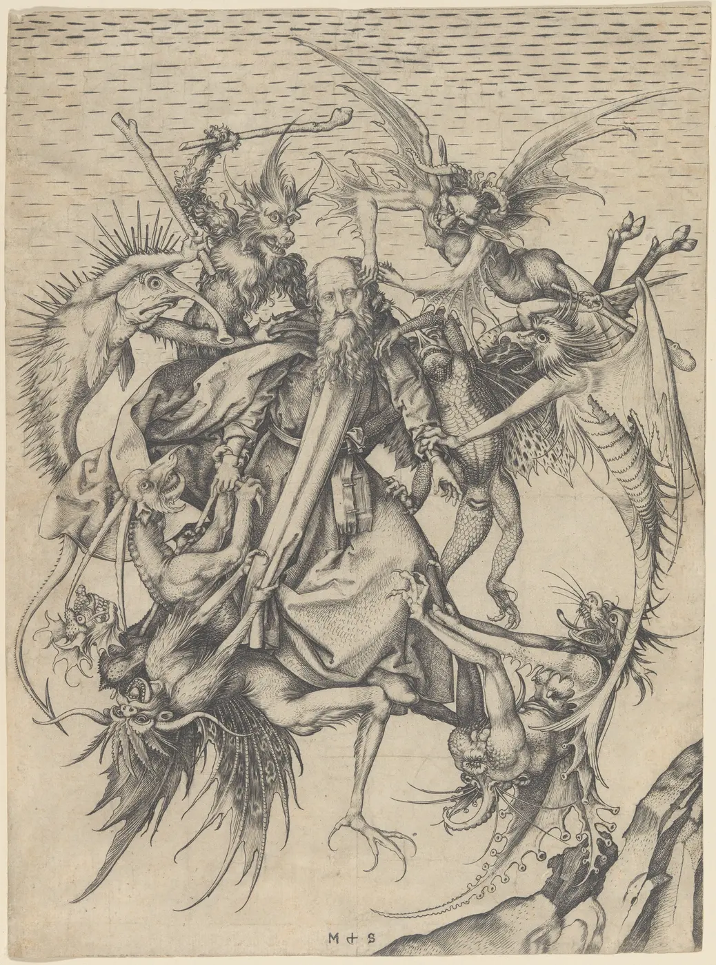 Martin Schongauer, Saint Anthony Tormented by Demons, the engraving Granacci lent him. Everything in it is line: the wings, the scales and the hides are all built out of hatching cut into copper, and there is no color anywhere to copy.