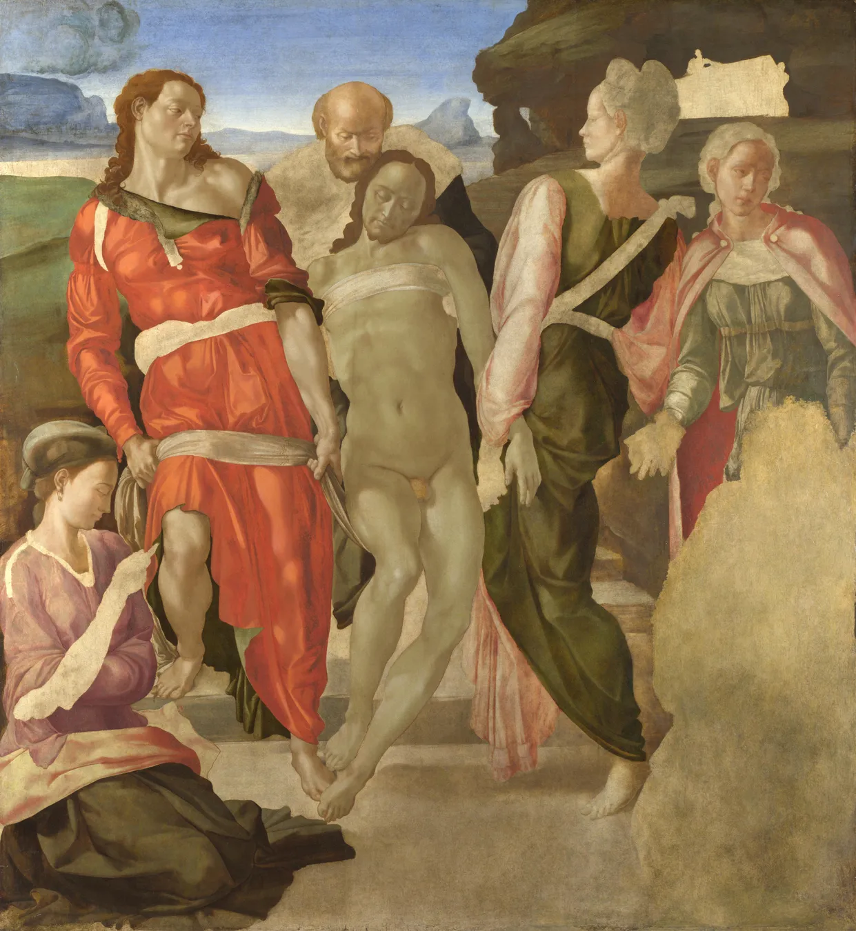 The Entombment, oil on panel, left unfinished. The picture stops at different points across its own surface: the woman at the left is carried to a finish, the heads at the right are blocked in and blank, the rock at the top has a hole in it, and the lower right corner is bare wood.