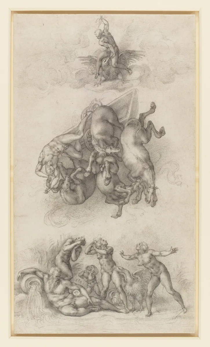 The Fall of Phaethon, black chalk, made as a gift for Tommaso de' Cavalieri. A finished drawing meant to be a finished work, not a study for anything: three registers stacked up the sheet, the eagle at the top, the chariot breaking apart in the middle, the river god and the sisters below.