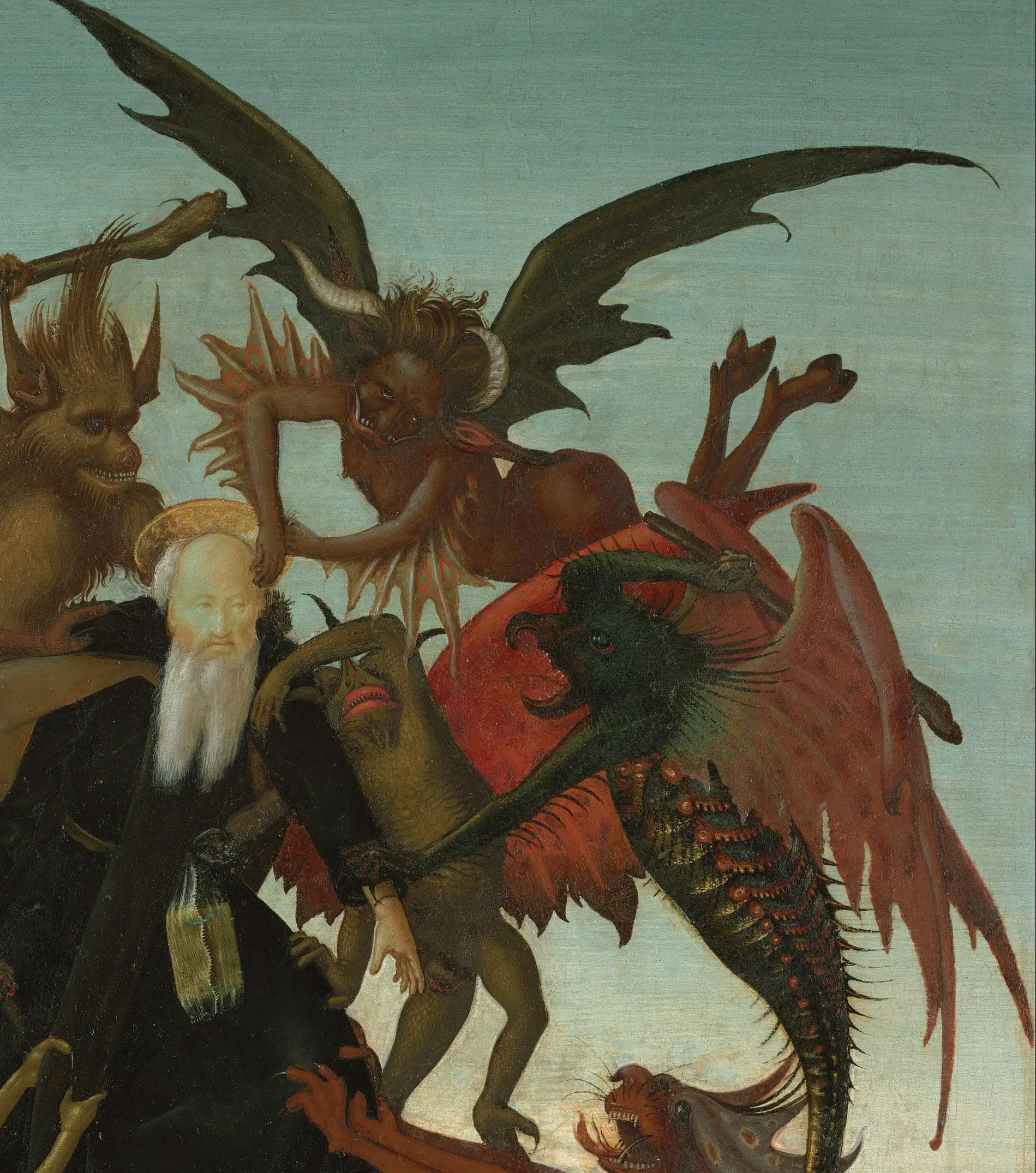 Detail of The Torment of Saint Anthony, painted at about thirteen: the red and green creature at the right has serrated fins, a row of orange spots down its flank and scales worked one by one. Condivi says he went to the fish market for it, to look at the scales, the fins and the color of the eyes.