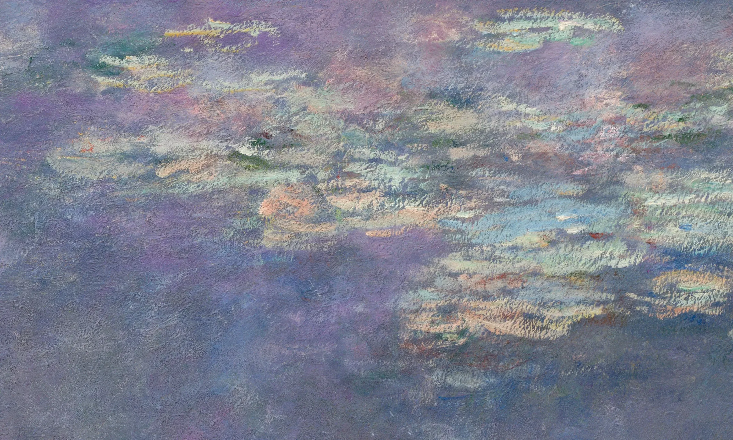 Detail of Water Lilies (Agapanthus): the pads are short flat strokes dropped onto a violet and green field with no outline anywhere. The water is what is left between the touches, which is why the pond reads as depth instead of as a painted surface.