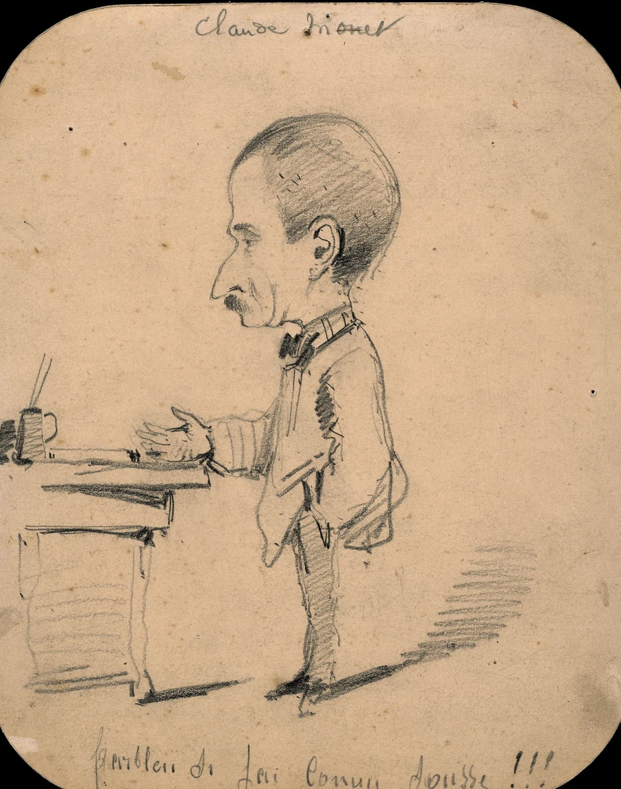Caricature of a Man Standing by Desk, drawn at about fifteen: a whole figure carried on a profile, a stoop and a pair of hands, with the shading laid in as flat hatching. He sold sheets like this in a Le Havre shop window before he had painted a landscape, and a shop window like it is where Boudin found him.