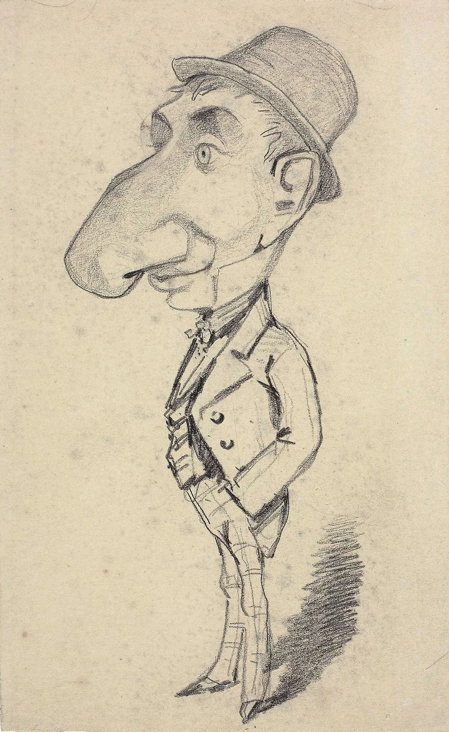 Caricature of a Man with a Large Nose, from the Le Havre years: the head pushed as far as it will go, the body left almost in outline, and the whole likeness carried on where the chalk presses hard. Drawing for a laugh in a shop window is what taught him to fix a face fast.