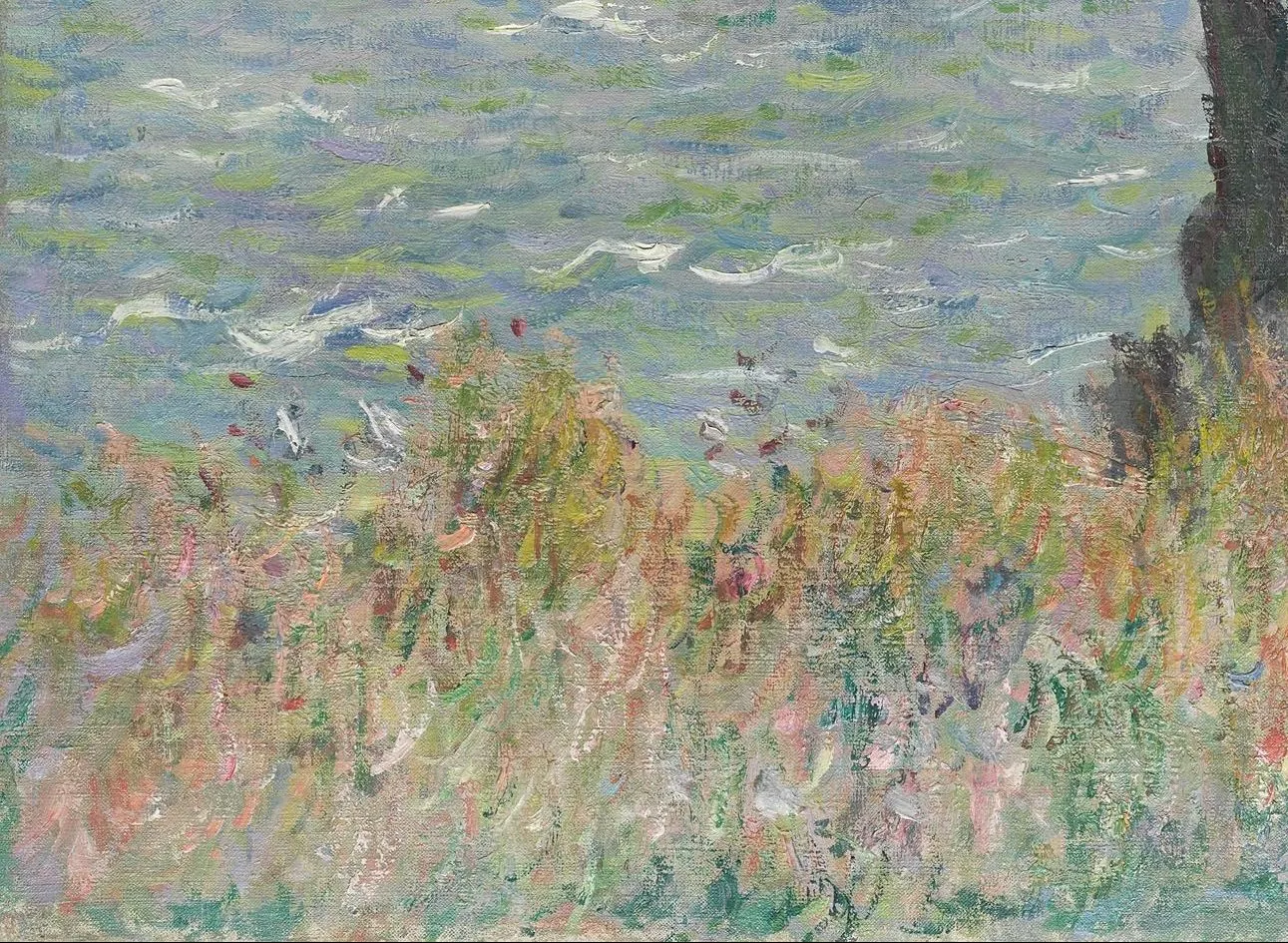 Detail of Cliff Walk at Pourville: the pale ground shows between the strokes all through the grass and the sea, and the weave of the primed canvas reads straight through the thin colour. That light layer under everything is what keeps the picture in its high key.