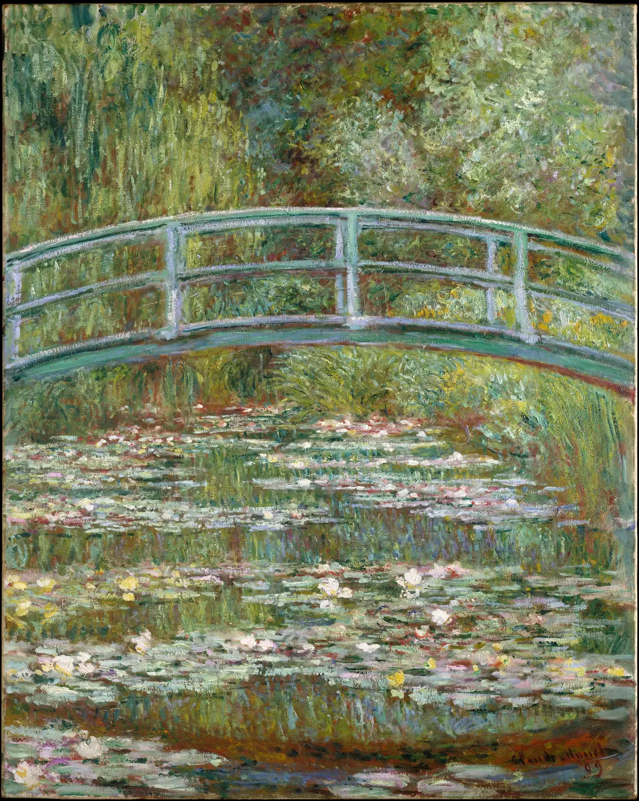 Bridge over a Pond of Water Lilies: the footbridge he commissioned in 1893, over the pond he had dammed and dug, painted six years later. The water, the lilies, the willow and the bridge were all planted or built to his own order before any of them were painted.