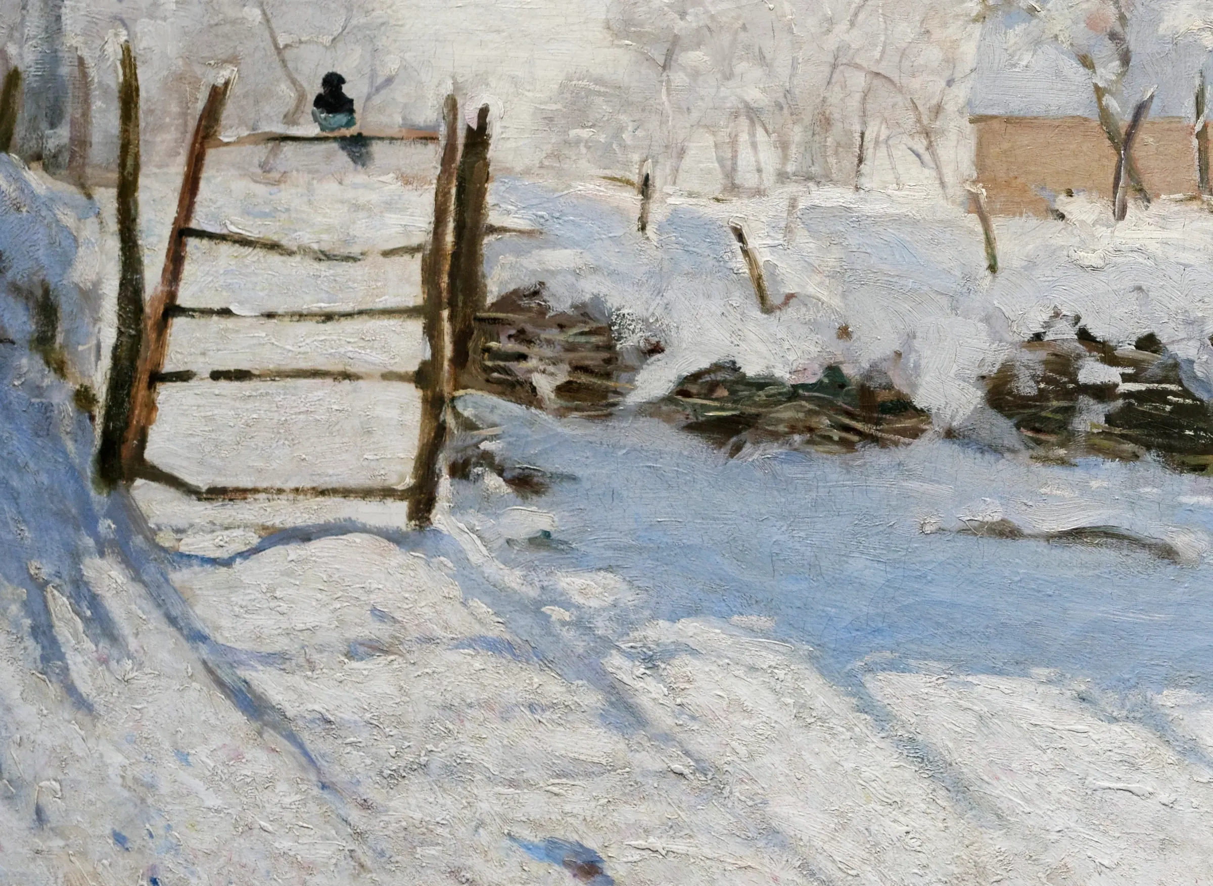 Detail of The Magpie, painted at twenty eight: the snow is still modelled, the gate is still drawn, and the bird is set down in three or four dark notes. Every shadow on that snow is blue and violet rather than grey, which is the one Impressionist habit already fully in place.