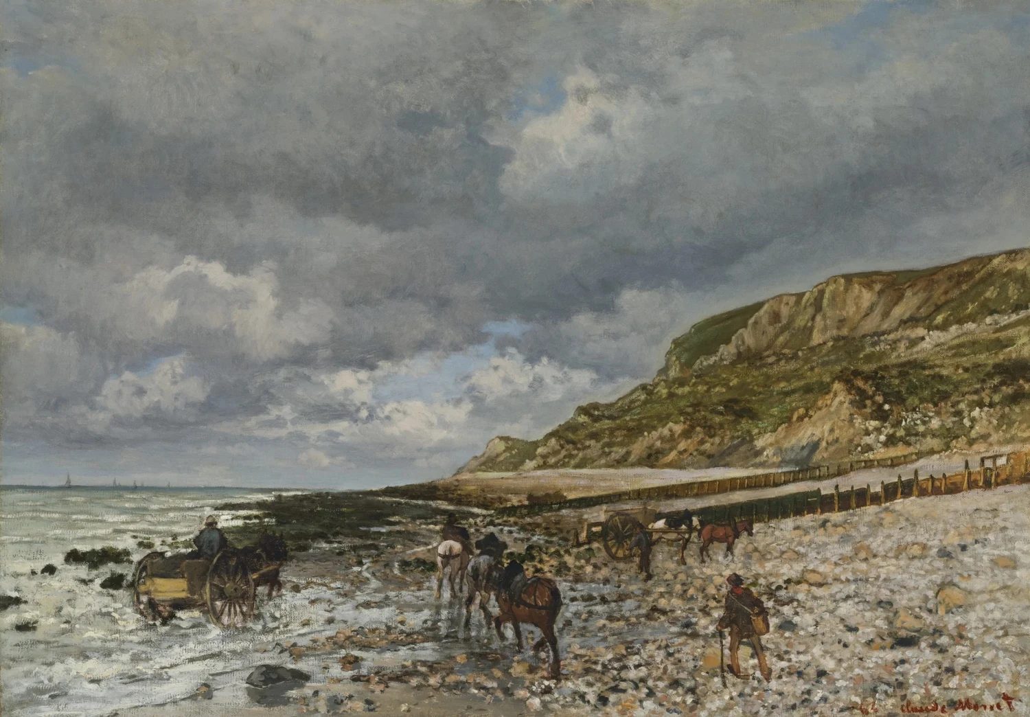 Chevaux a la pointe de la Heve, painted at twenty four in the Boudin years: a heavy Normandy sky over a wet beach, carts and horses working the shingle, the whole picture built from earths and greys. This is what he painted before the light ground and the broken touch, which is why the later canvases read as a decision and not a style.