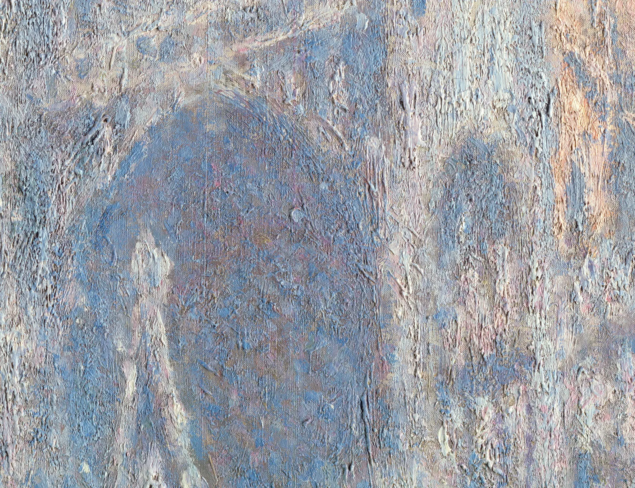 Detail of the Rouen portal in morning light: the ridges of dry paint stand up off the canvas and catch the gallery light on their own. Nothing here is drawn. The arch exists because the dragged strokes change color where the stone turns.