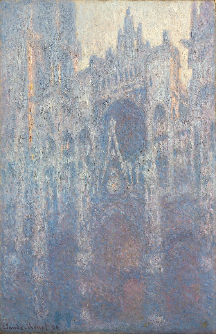 The Portal of Rouen Cathedral in Morning Light: the same doorway as the sunlit canvas at the top of this page, at an earlier hour. Blue and violet run all through the stone and the gold is held back to a few strokes on the upper tower. Two canvases, one motif, and the difference between them is the entire argument for painting in series.