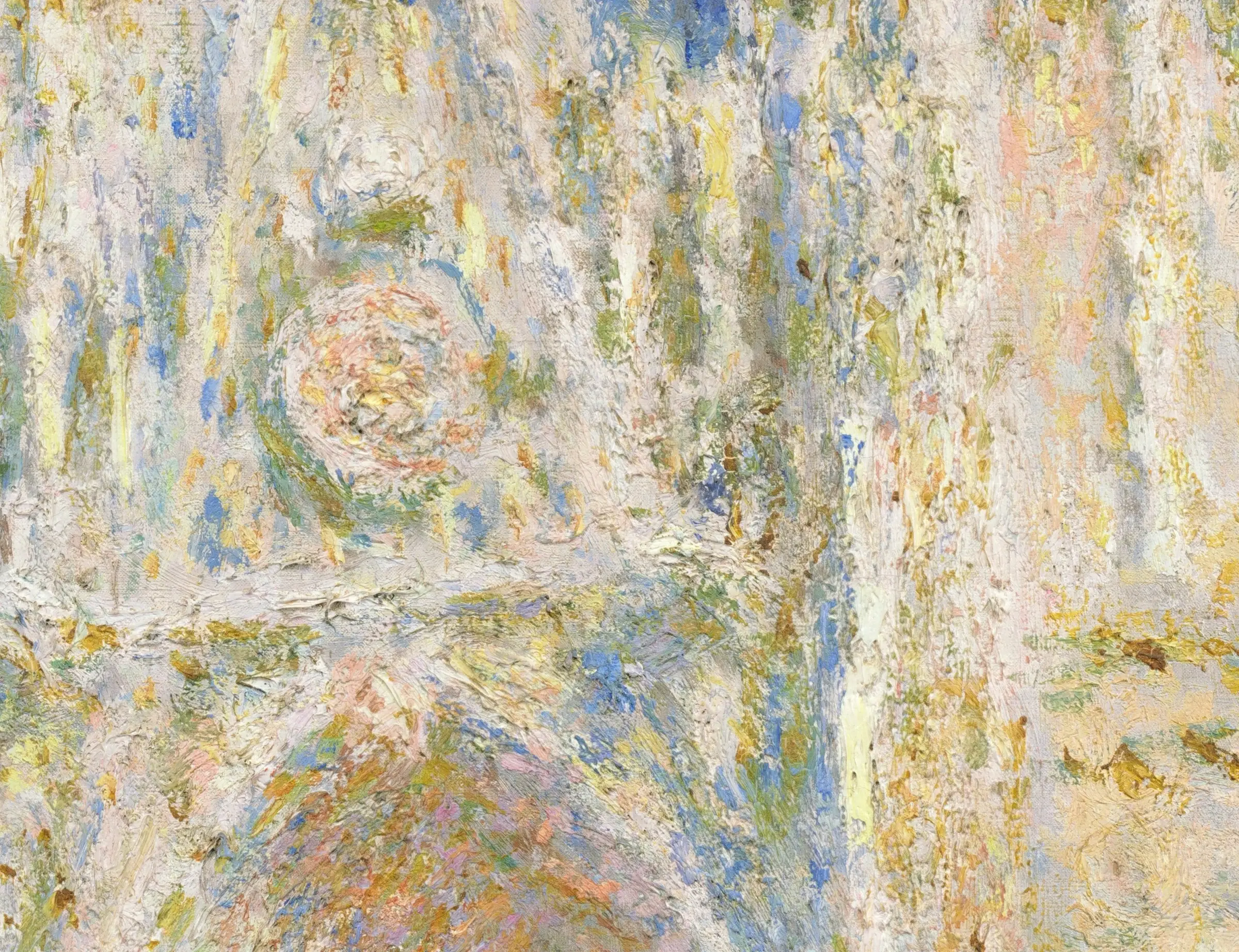 Detail of Rouen Cathedral in full sunlight: the carved stone is a crust of separate touches, blue, green, gold and pink laid over cream, thick enough to throw their own small shadows. Up close there is no cathedral here at all. It comes back the moment you step away.