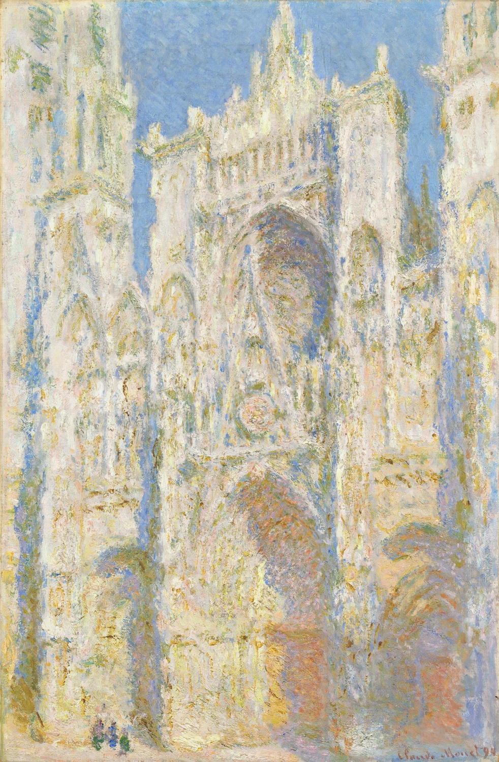 Rouen Cathedral, West Facade, Sunlight: one canvas out of more than thirty of the same front, this one carrying the hour when the sun is full on the stone and the whole facade has gone cream and gold. The morning state of the same doorway is further down this page.