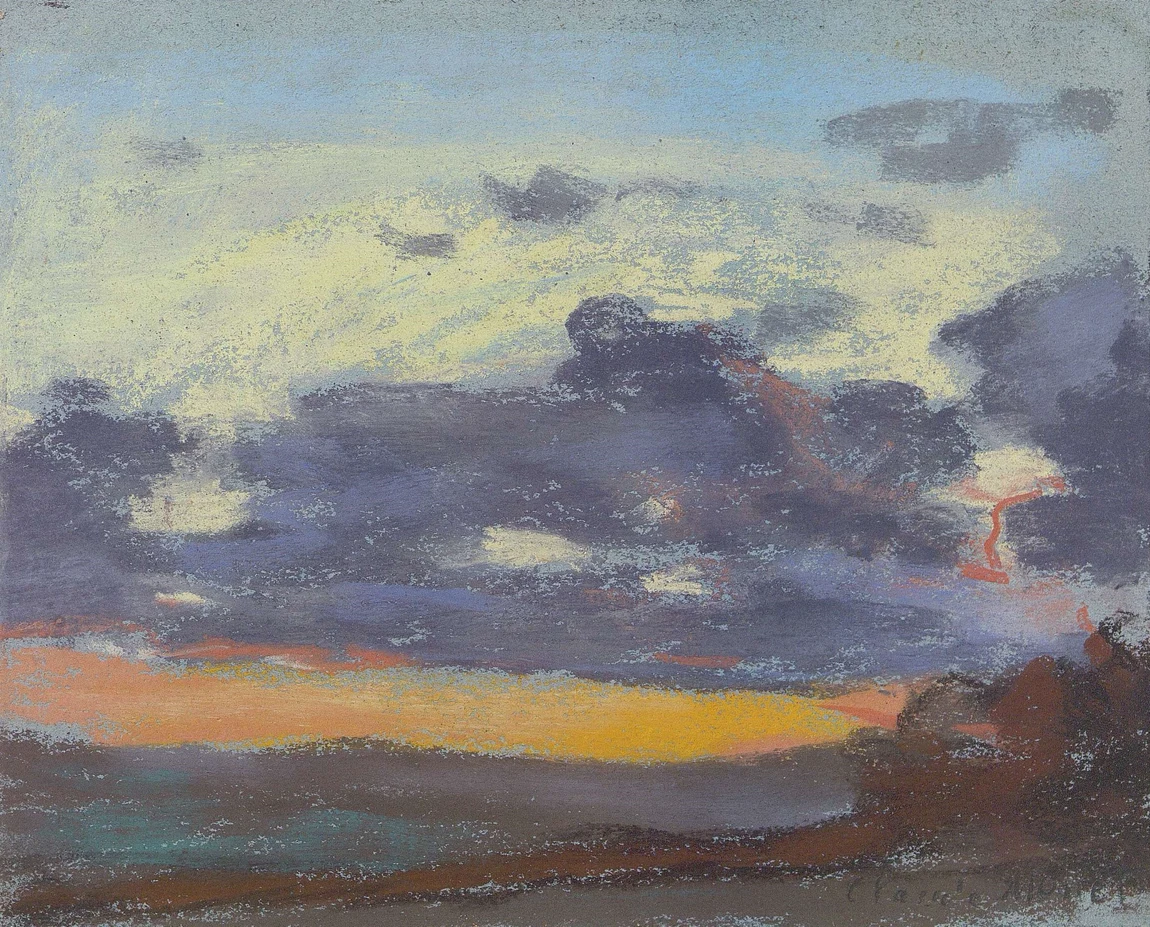A sky study in pastel, about seventeen by twenty five centimetres: no subject under it, only the cloud bank, the orange band at the horizon and the yellow break where the sun went. Pastel records a sky in minutes, which is the same problem the oil series would set him twenty years later.
