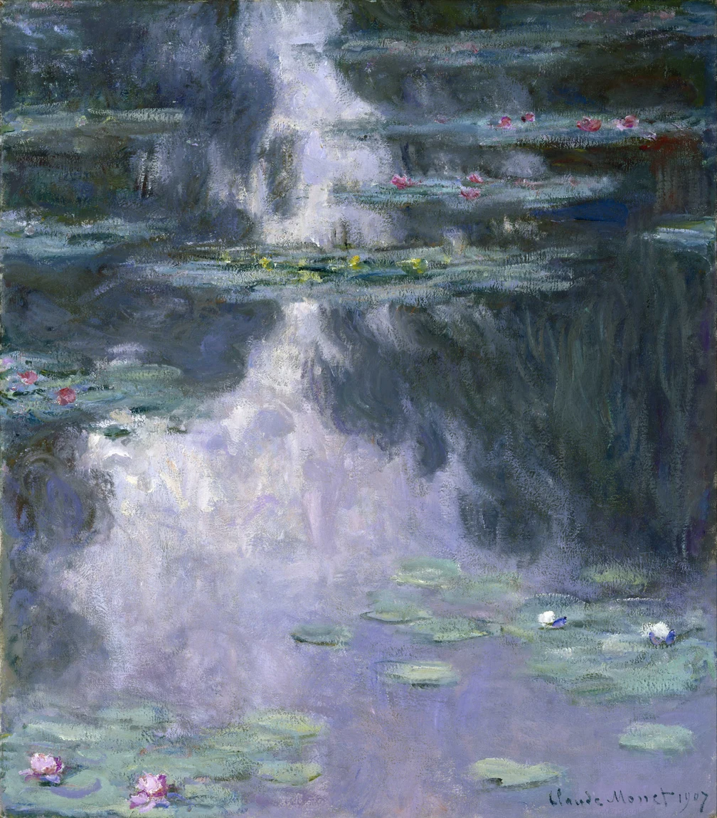 Water Lilies of 1907, painted at the pond he had dug and planted himself: no horizon, no bank, and no sky except as reflection. Once the motif stood in his own garden he could return to it at the same hour every day for twenty years, which is what the pond was for.