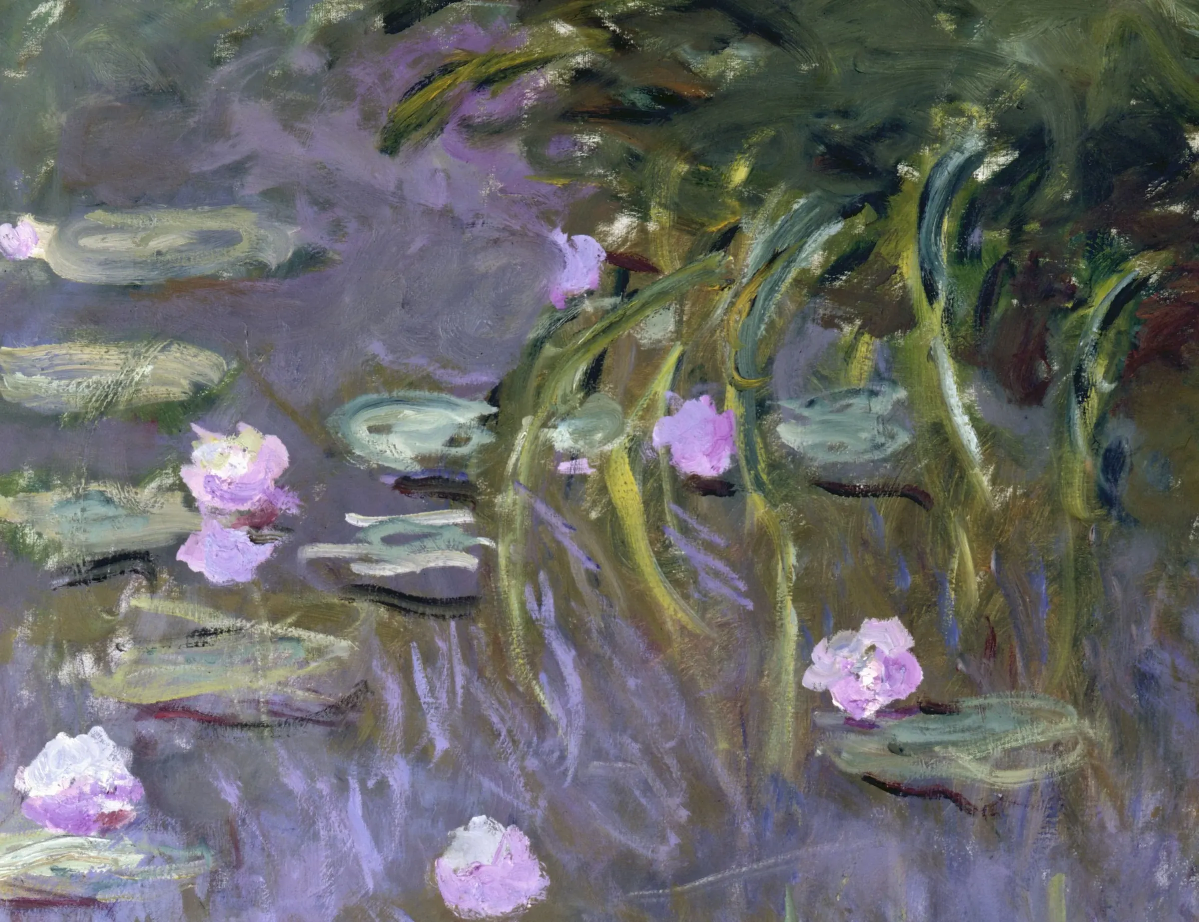 A Water Lilies of 1922 up close: the willow fronds are single dragged strokes, the flowers are loaded dabs, and nothing is drawn at all. Back across a room the same passage is water and light, which is the distance deciding what the marks were allowed to be.