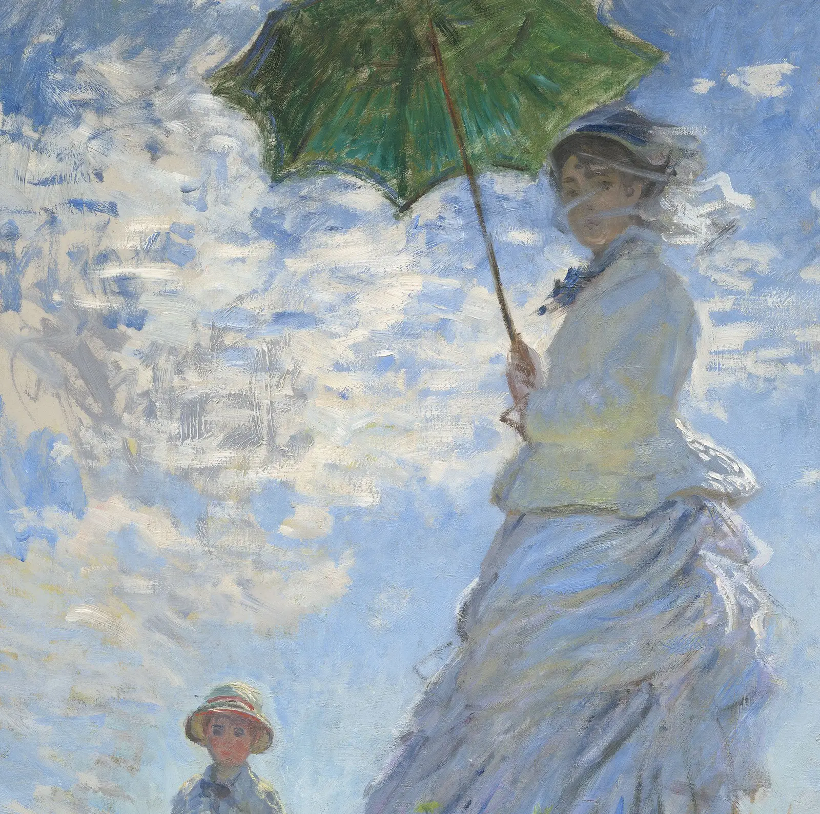 Detail of Woman with a Parasol: white is in everything here. It is dragged through the blue of the sky, it carries the veil across her face, and it runs down the dress in strokes that stay separate. None of it is being saved for a final highlight.