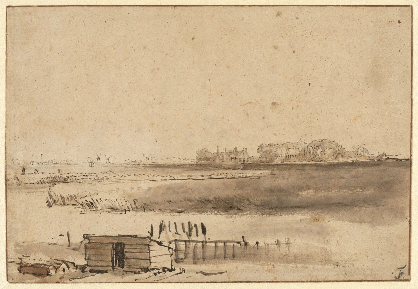 View of Houtewael near the Sint Anthoniespoort, about 1650: reed pen and brown ink with a grey brown wash, on a sheet twelve and a half by eighteen centimetres, made on the edge of Amsterdam. The far town is one dry line and the near shed carries all the dark.
