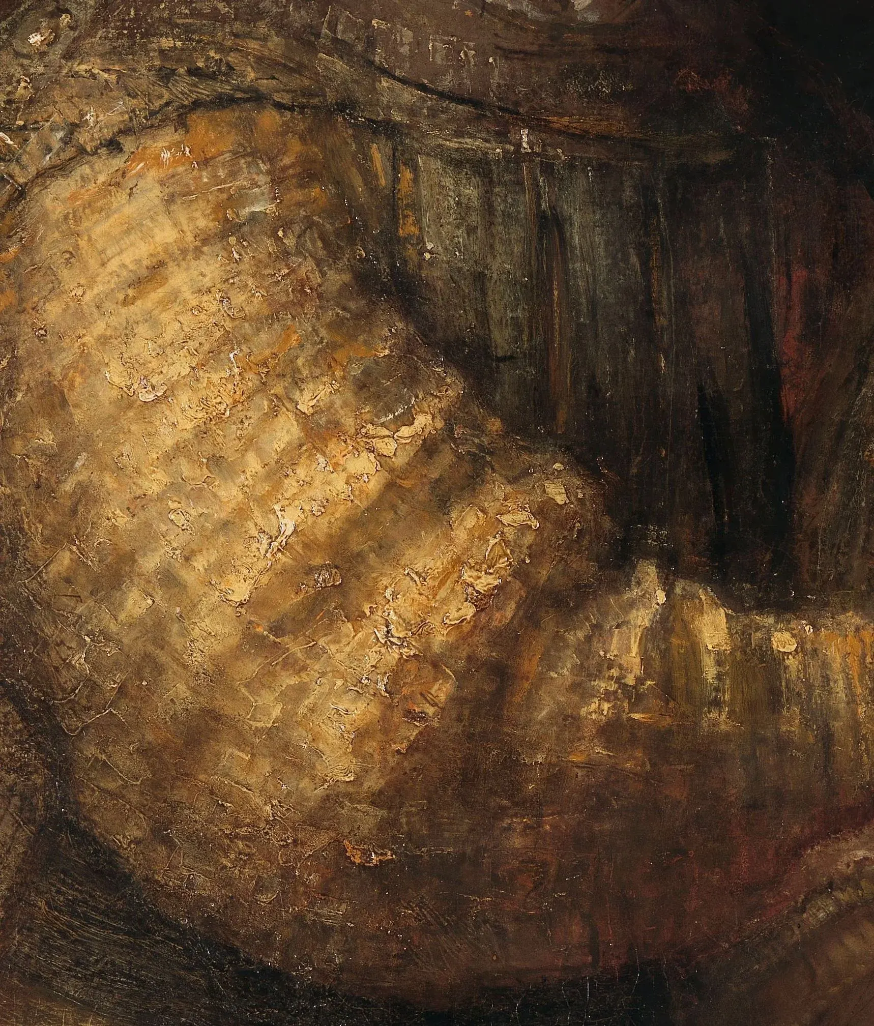 Rembrandt dragged a thin transparent glaze across the dried impasto of the gold sleeve in The Jewish Bride and wiped it off the raised peaks with a rag, so the dark settled into the low spots and the light stayed on top. The same two moves in one pass: glaze to connect, wipe back to keep the light.