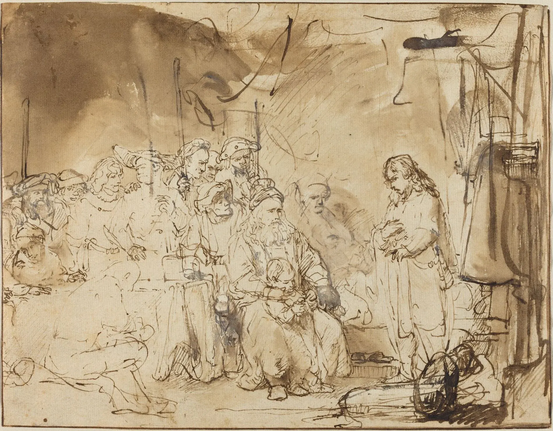Joseph Recounting His Dreams, drawn with a reed pen in brown ink over brown wash on a sheet about seventeen by twenty two centimetres. The figures go down in blunt strokes that widen and then break as the ink runs out, and the white heightening is put back over the top where a light was needed.