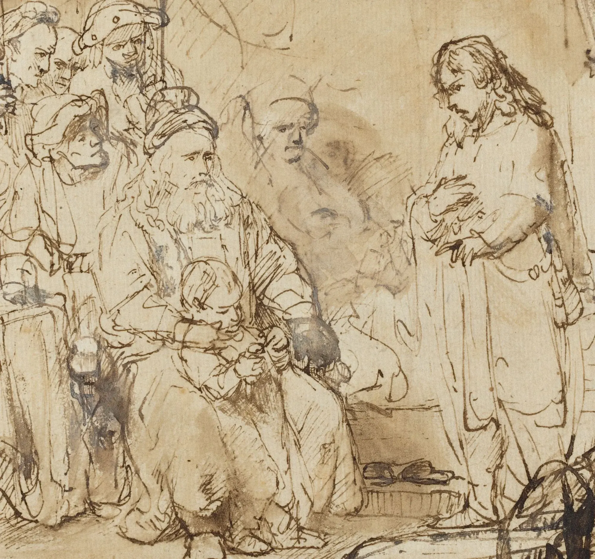 Detail of Joseph Recounting His Dreams: the reed nib is blunt, so the beard and the heavy folds are a few wide strokes with dry breaks running through them. The head behind the seated man was washed back with the brush and left standing as a ghost instead of being taken out.