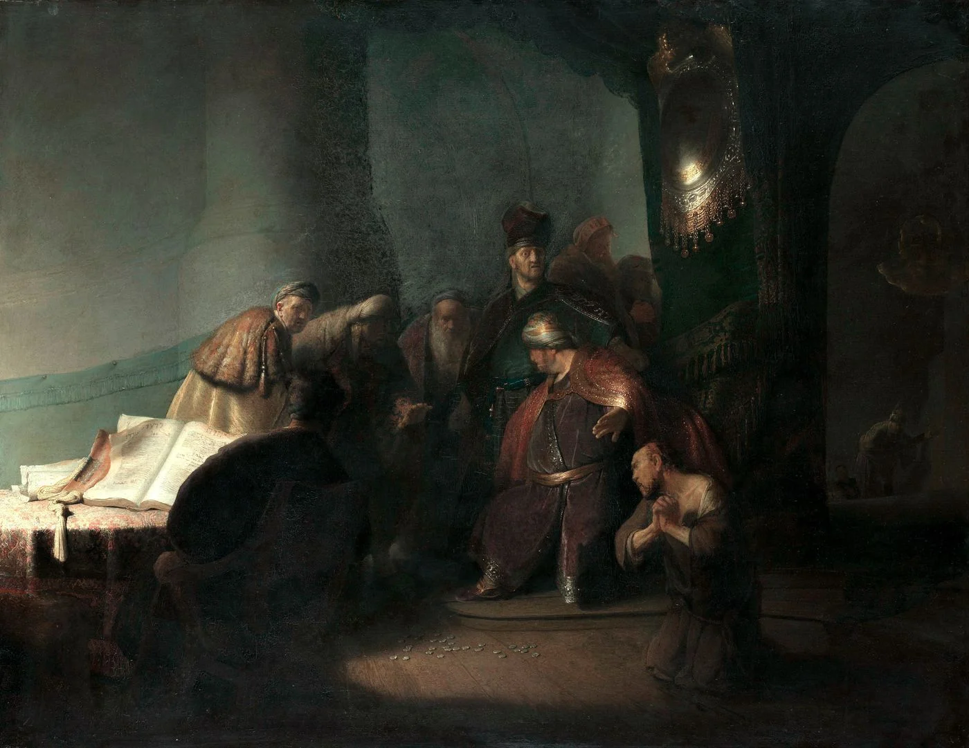 Judas Returning the Thirty Pieces of Silver, 1629, painted in Leiden at about twenty three. This is the picture Constantijn Huygens singled out, writing of the figure of Judas, beside himself, bewailing his crime, imploring the pardon he dares not hope for.