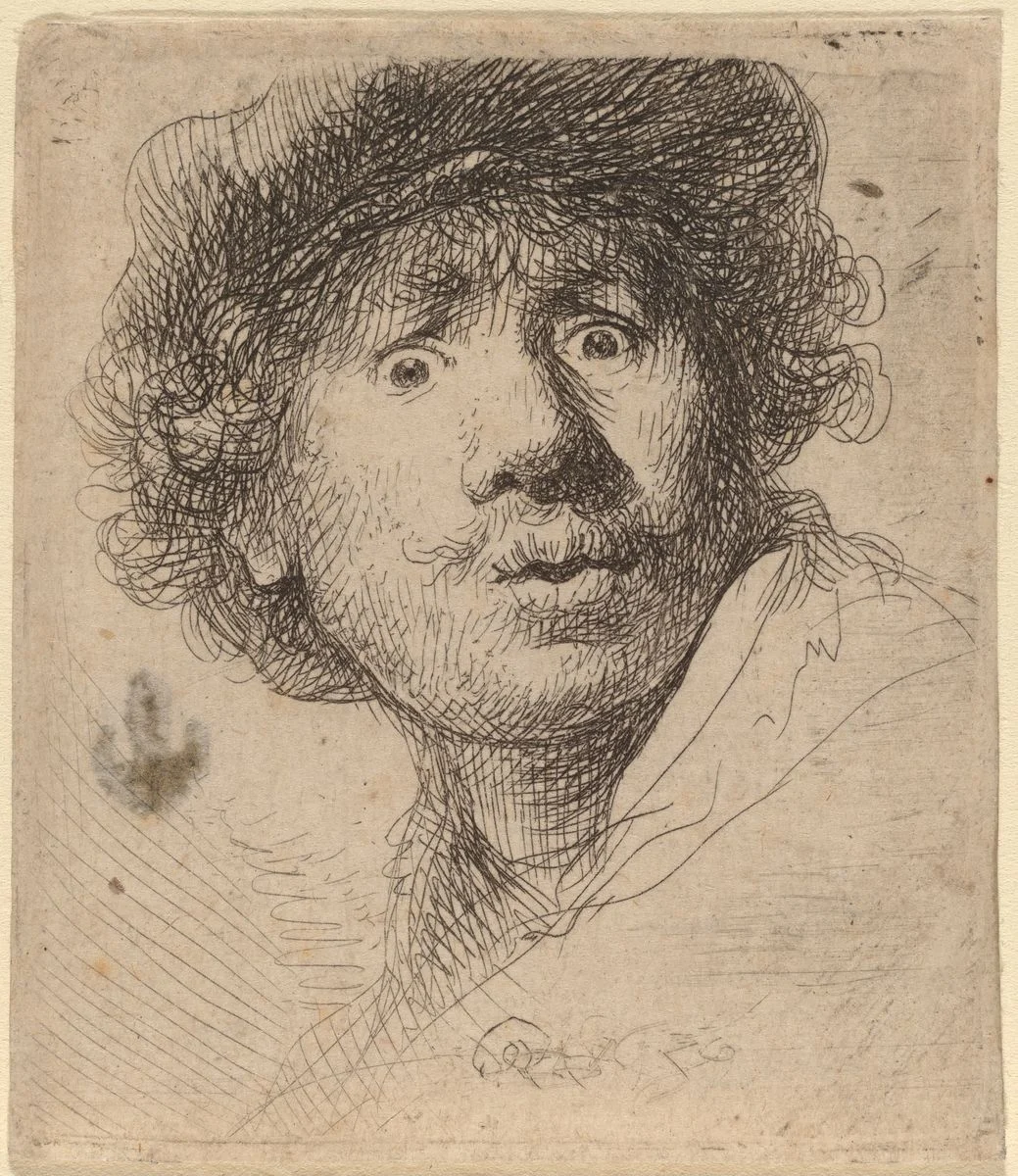 Self Portrait in a Cap, Open Mouthed, etched in 1630 on a plate five centimetres high: eyes wide, mouth open, the whole head built out of crosshatching. He worked expressions out on his own face in a mirror, at a scale small enough to try one in an afternoon.