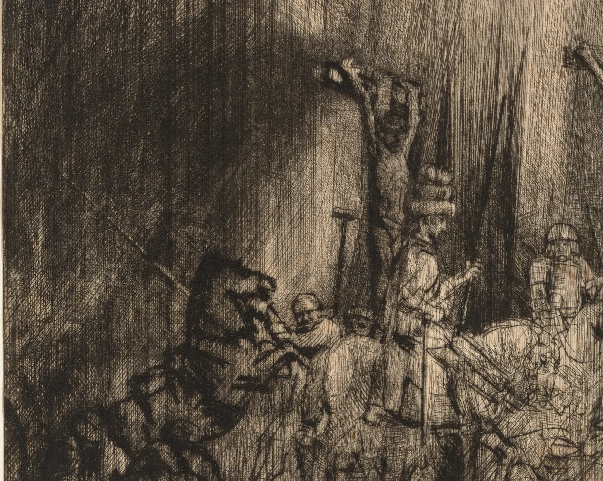 The same part of the same copper plate in the fourth state: new drypoint cut straight across the crowd until it went dark, and a horseman driven in where the onlookers had been standing. He went back into an earlier stage of a finished thing rather than adding one more layer to it.