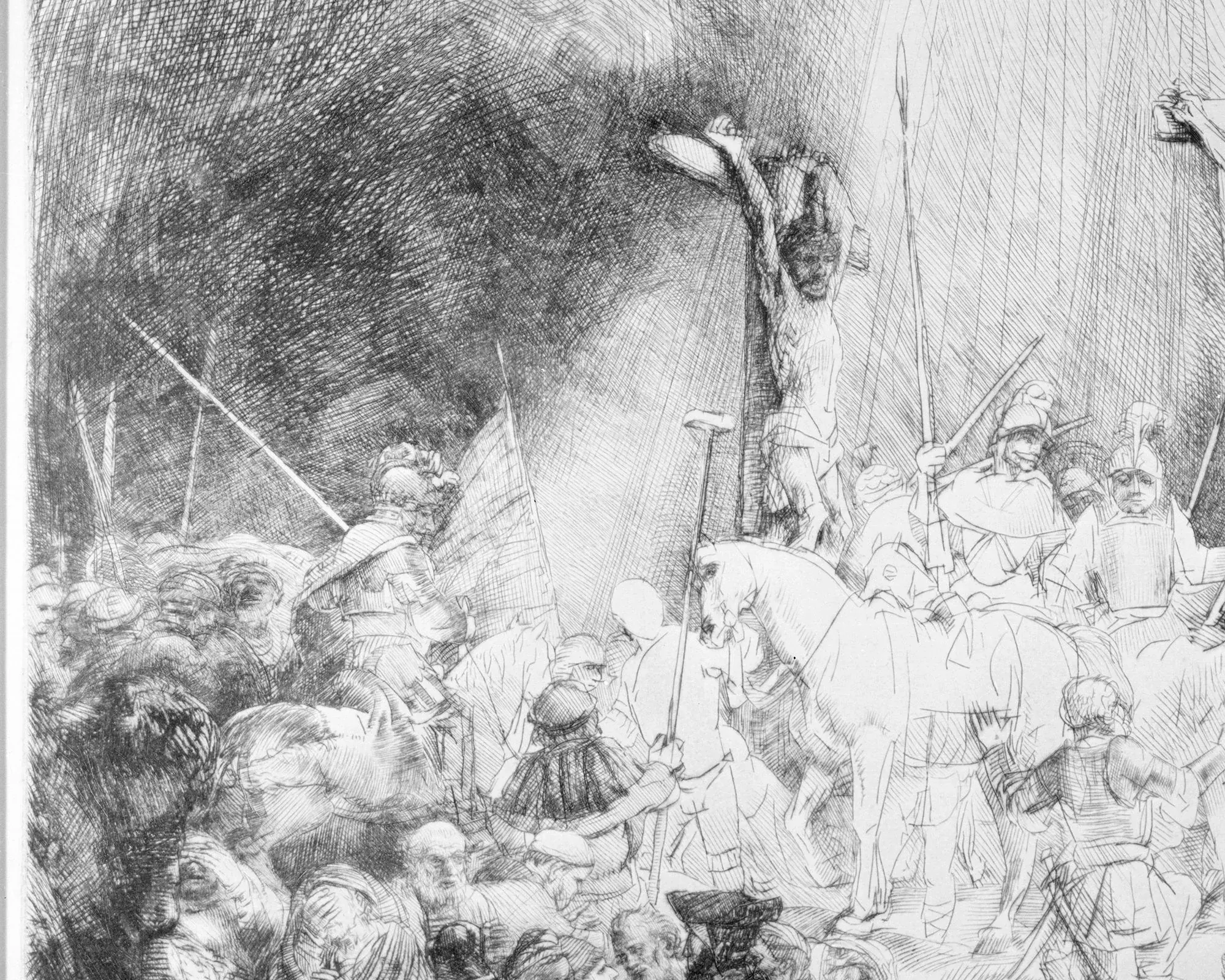 The Three Crosses in its third state, dated 1653: the left of the plate is a crowd in full light, the pikes and the white horse and the row of onlookers all held in clear open line, with the bare paper doing most of the work. A finished plate, printed and sold.