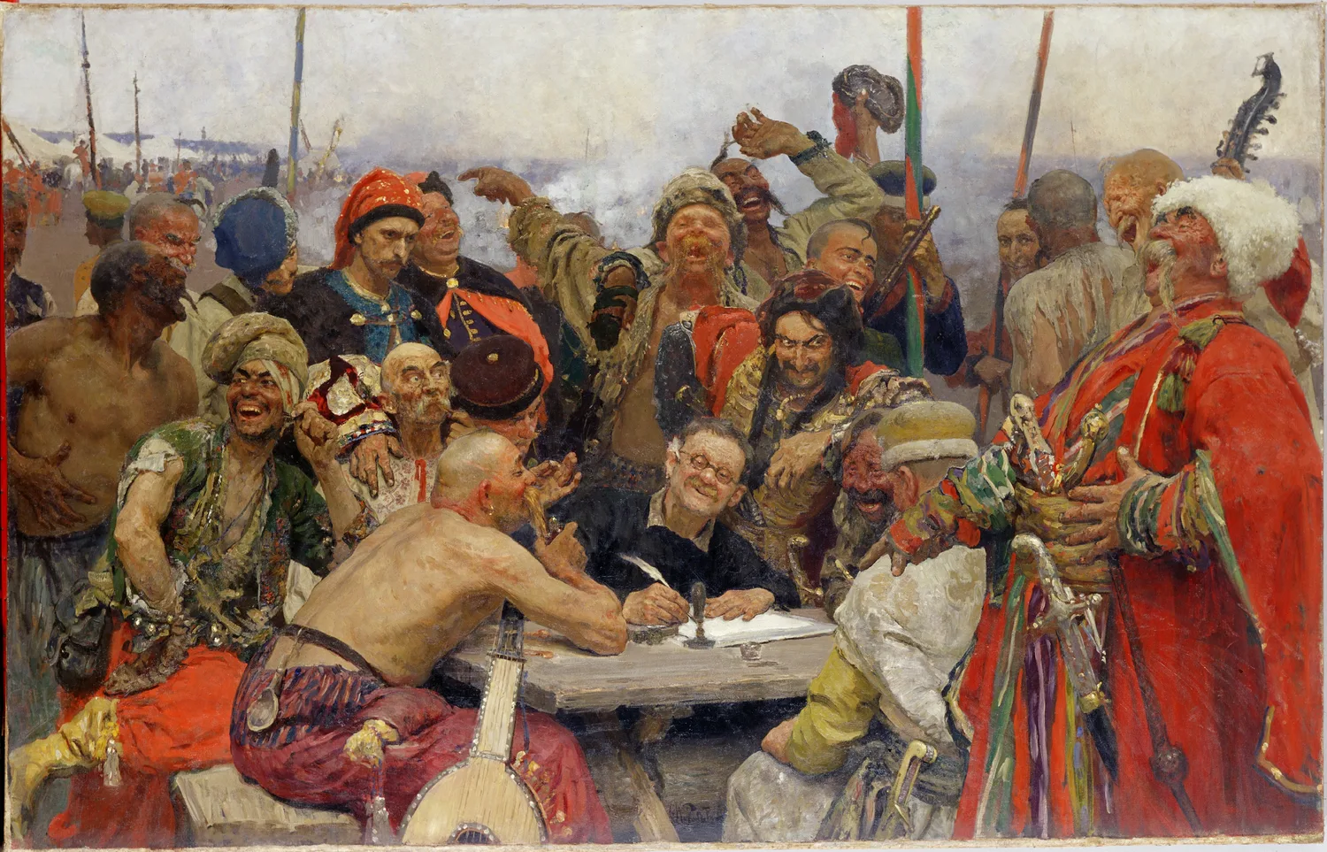 The second, looser version of Reply of the Zaporozhian Cossacks, one of the studies and variants Repin worked through across roughly eighteen years on the subject. A contemporary counted a hundred or more sketches, and he painted the composition more than once before he let it go.