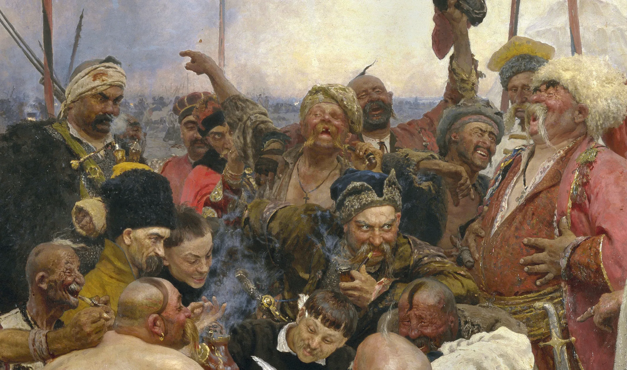 Detail of Reply of the Zaporozhian Cossacks: a row of men caught in every separate kind of laughter, from the wide toothless roar to the sly grin, each head worked up from its own study so that no two laughs are the same.