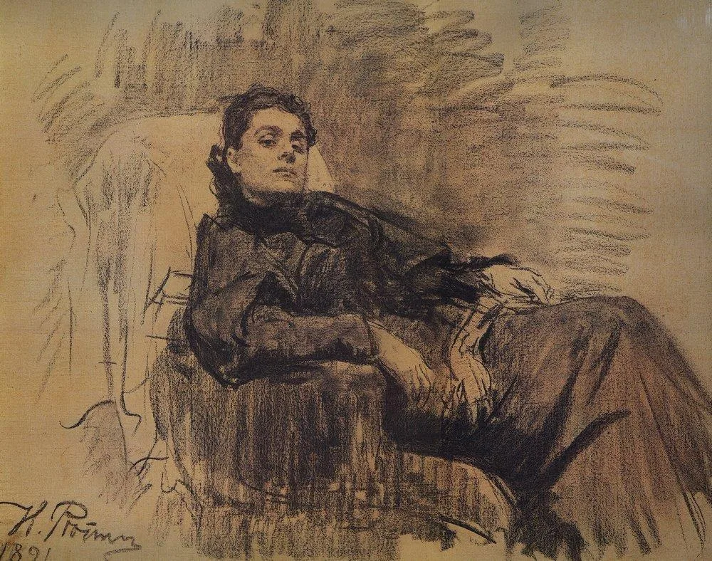 A charcoal portrait of the actress Eleonora Duse, worked on canvas: the head found in rubbed and dragged charcoal, the light of the toned ground left bare for the face and the collar. A drawing carried to the finish of a painting.