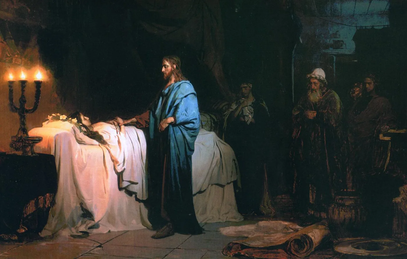 The Resurrection of Jairus's Daughter, the painting that won Repin the large gold medal at the Academy in 1871 and with it the scholarship abroad: a dark, candlelit academic composition, Christ reaching to the dead girl on the white bier while the mourners wait in the shadow.