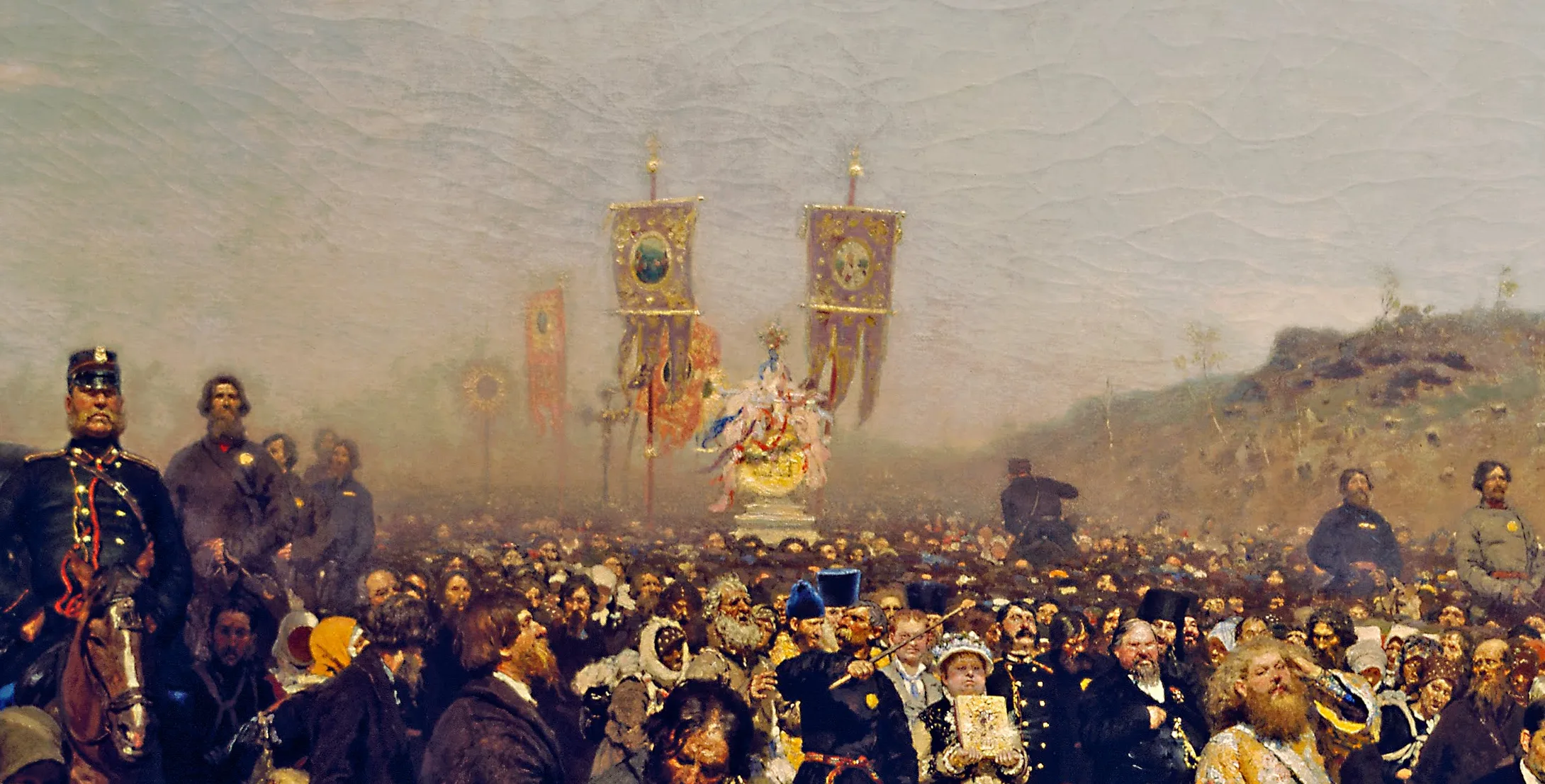 Detail of Religious Procession in Kursk Province: the mass of people behind the raised gold banners dissolves into a haze of heat and dust, built not from one glaze but from many dry scumbled passes of light color dragged over the darker crowd.