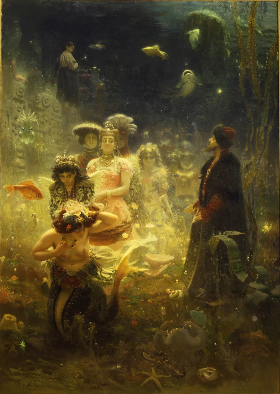 Sadko, painted abroad in 1876 during the scholarship years: the merchant of the old Russian legend stands at the right in the underwater kingdom while a procession of brides drifts past him, the one plain Russian girl he will choose glimpsed far at the back. The picture earned him election as an academician.