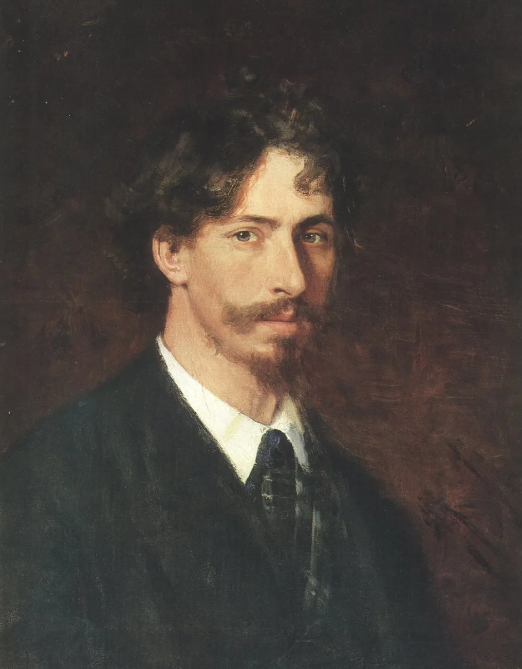 Self-portrait at thirty-four, painted the year after he came home from the scholarship abroad: the head lit out of a dark ground, the collar and tie set down quickly, the eyes doing the work.