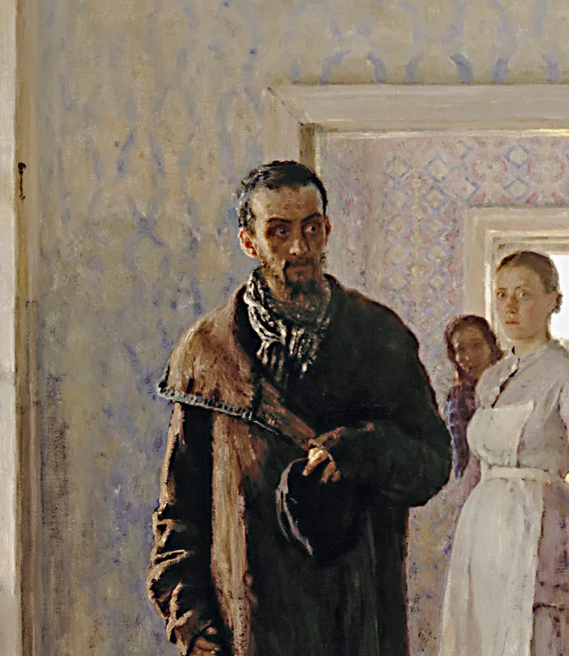 Detail of They Did Not Expect Him: the face of the returning exile, the one passage Repin went back into in 1885, 1887, and 1888 after Pavel Tretyakov had already bought the canvas. The uncertainty in the expression is the note he kept chasing.