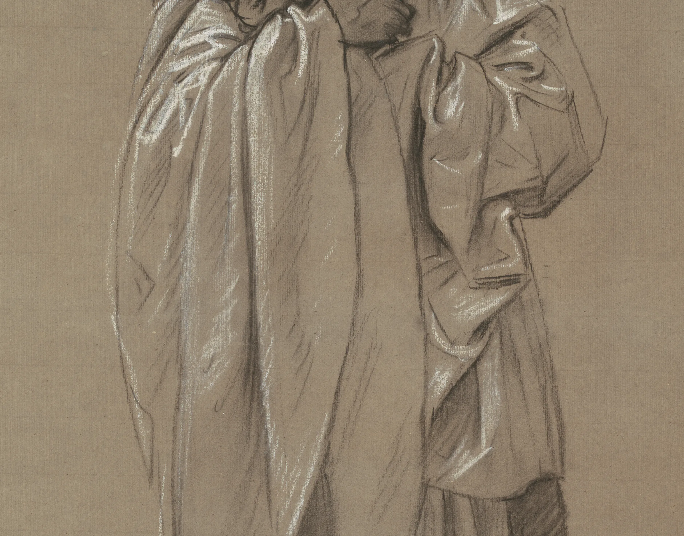 Detail of the Ezekiel study: the folds are found with a few searching charcoal lines, then the highlights are struck back on top in single strokes of white chalk. Nothing is blended smooth, and the toned paper does the middle work.