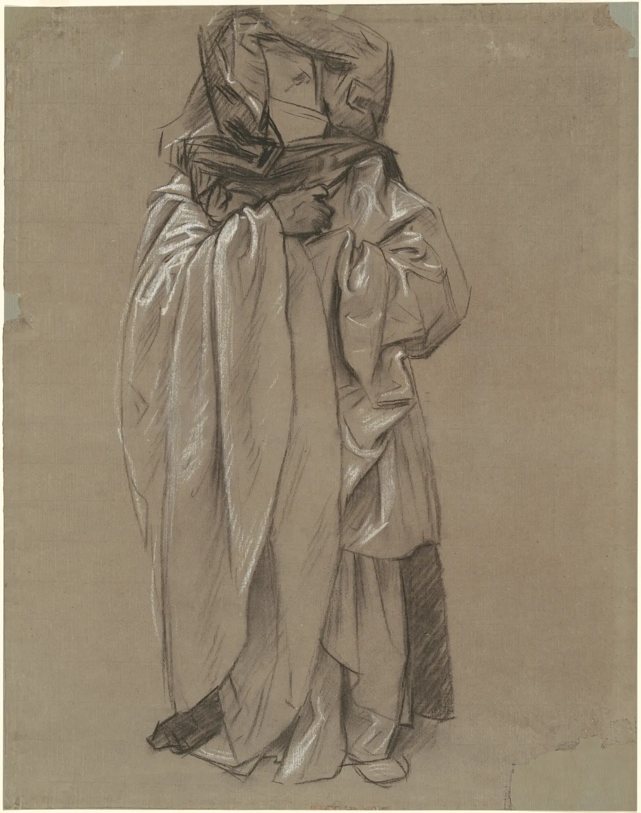 A drapery study for the Frieze of the Prophets in the Boston Public Library, drawn on toned paper in three values: black charcoal for the shadow, the gray of the sheet for the halftone, white chalk struck on for the light. Hundreds of studies like this stood behind the murals.