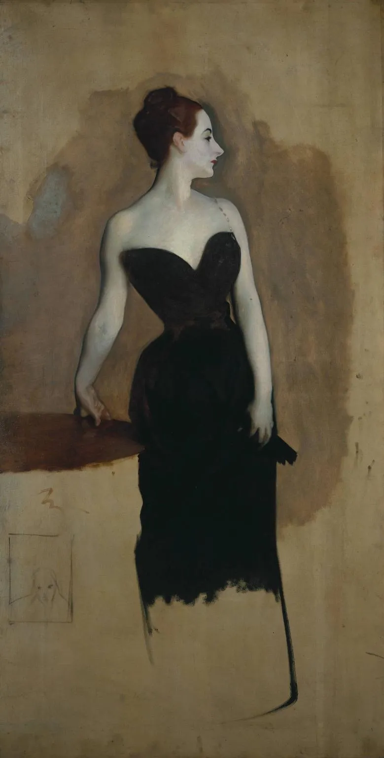 Study of Mme Gautreau, left unfinished: the brown around her is the thin turpentine rub in he started with, thin enough that the bare canvas still shows at the edges, and the arm and the shoulder laid on top of it are pure tube colour. Both stages sit on the one canvas.