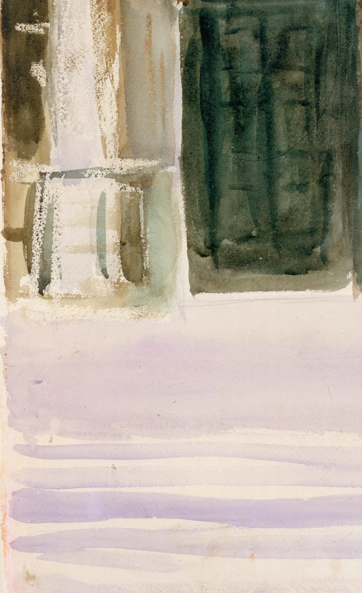 Detail of Green Door, Santa Maria della Salute: the sunlit stone is the untouched paper, left bare so it stays the brightest note beside the dark of the doorway.
