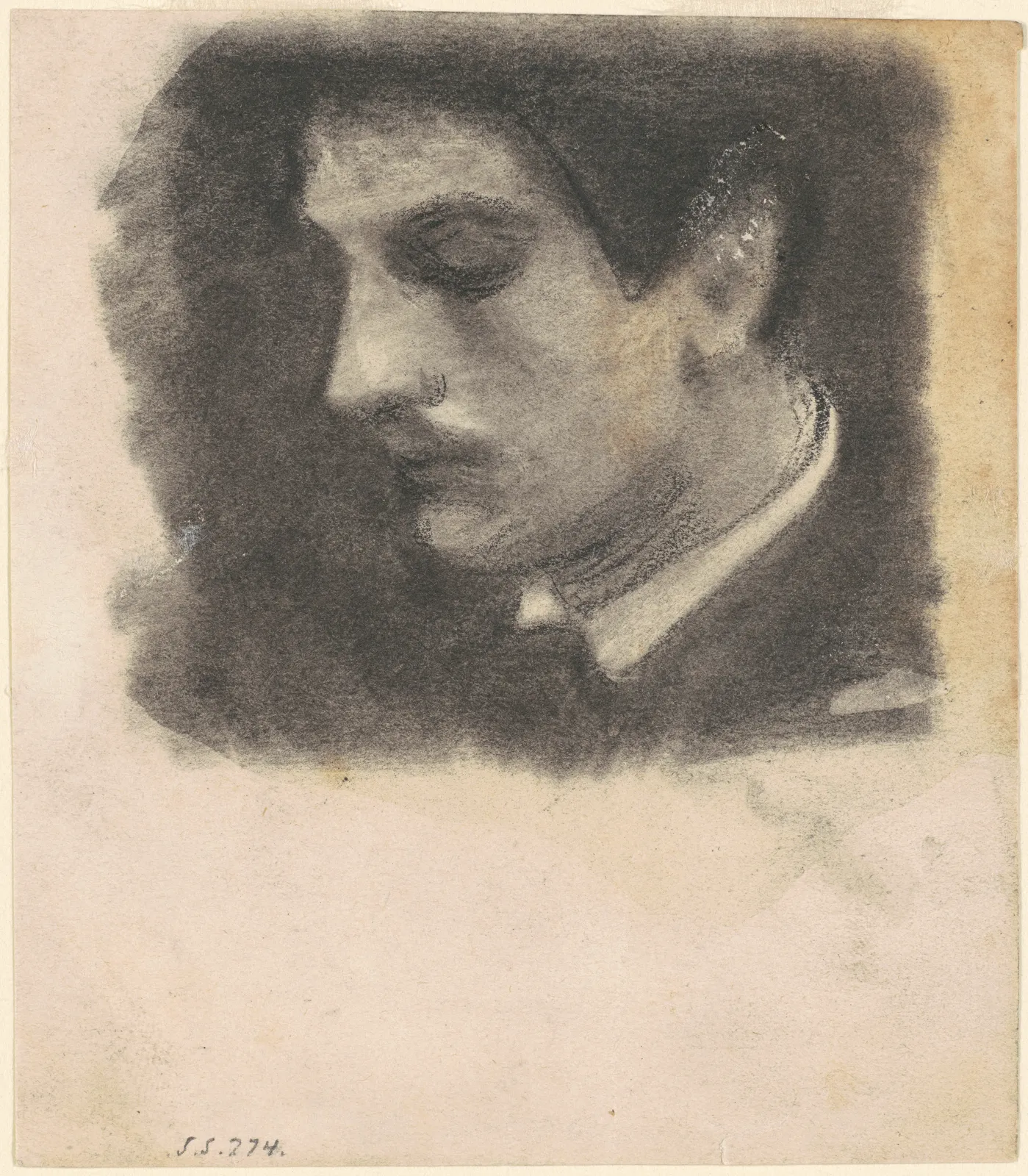 A charcoal head from Sargent's student years in Paris, the face turned down and modeled in soft rubbed tone, the one clean light in the head left as the bare paper of the collar. This is the kind of academic head study he drew before he was twenty.