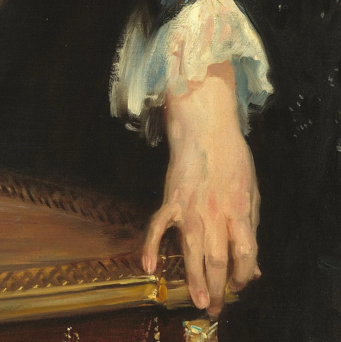 Detail of Mrs. Adrian Iselin: the lace cuff is a handful of loaded strokes of white and blue, each finger is carried on one light stroke with a shadow laid beside it, and the gilt edge of the table is a single drag with a few brighter accents dropped into it. Nothing here was hunted for on the surface.